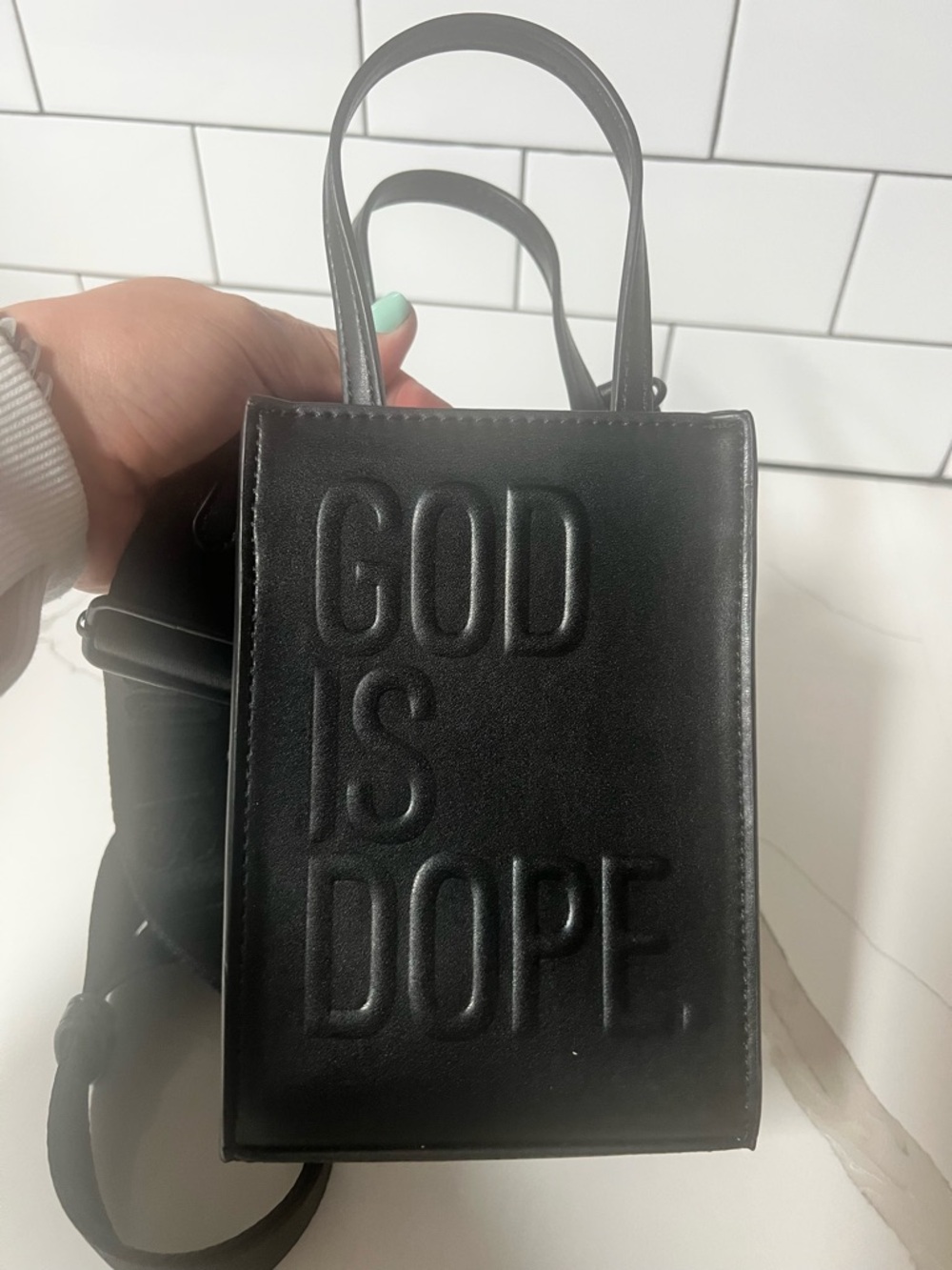 God Is Dope Mini Structured Tote Crossbody Bag Black Embossed Logo
